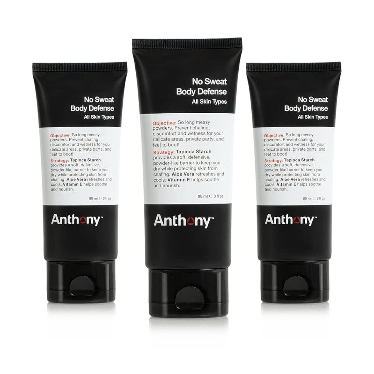 Anthony No Sweat Body Defense for Men – Cream-to-Powder, Talc-Free, Anti-Chafe & Odor Control (Pack of 3, 3 oz each)