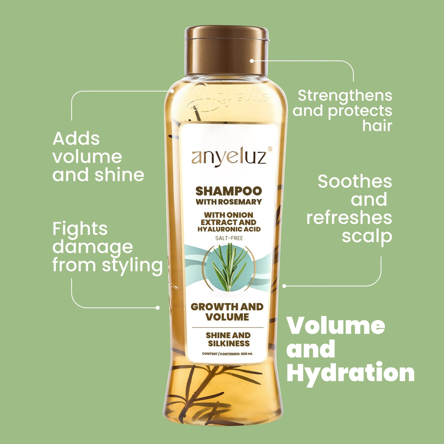 Anyeluz Rosemary Shampoo – Strengthens Hair, Protects Against Styling Damage, All Hair Types