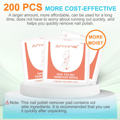 ANYINS Nail Polish Remover Pads – 200PCS, Acetone-Free Wipes with Nourishing Oils