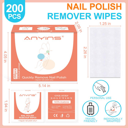 ANYINS Nail Polish Remover Pads – 200PCS, Acetone-Free Wipes with Nourishing Oils