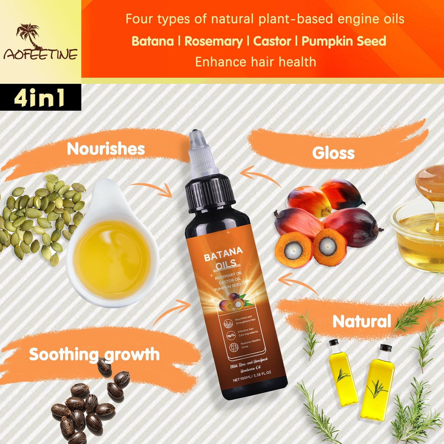 AOFEETINE Batana Oil for Hair Growth – 4-in-1 Deep Nourishment with Rosemary, Castor & Pumpkin Seed