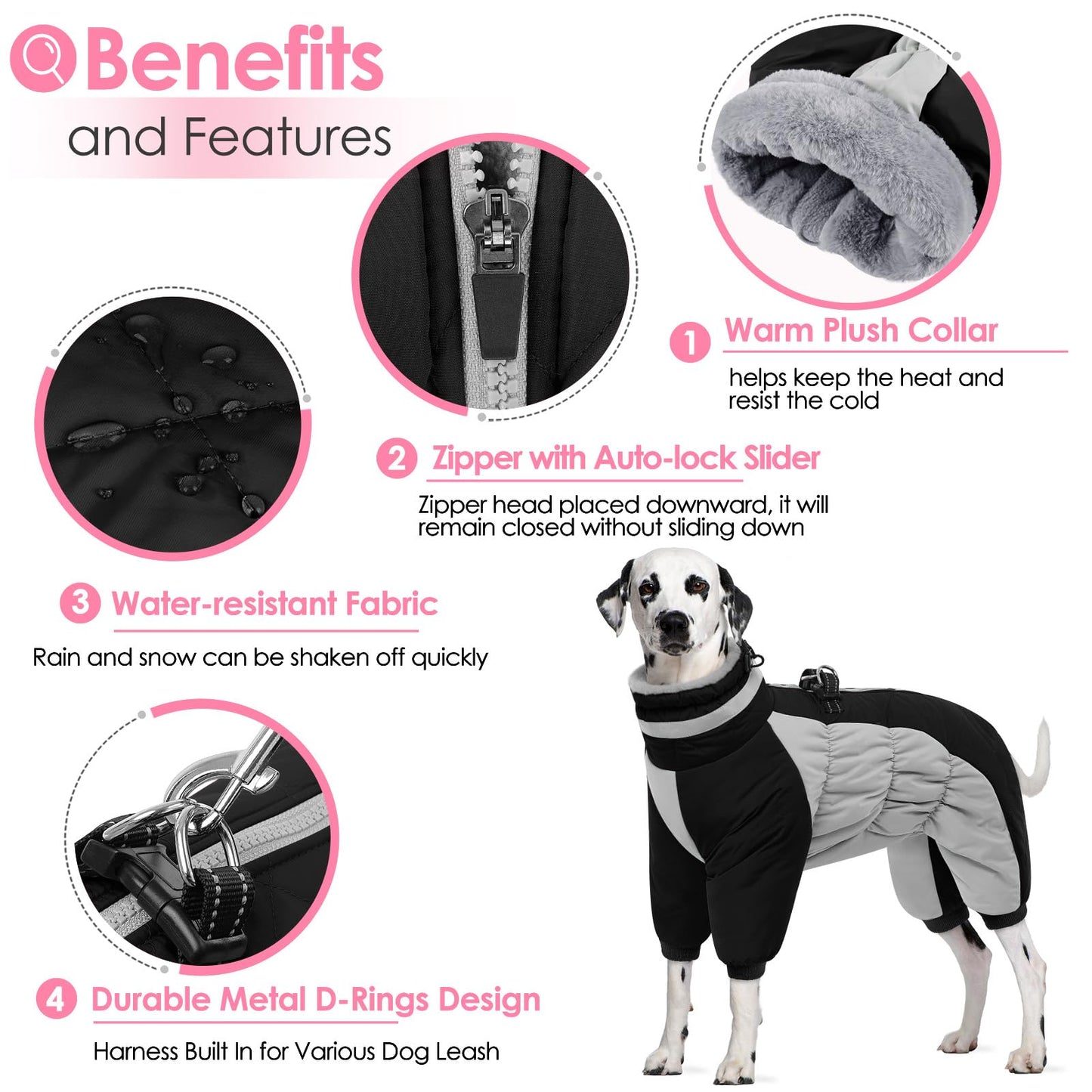 AOFITEE Large Dog Coat Winter Jacket with Built-in Harness | Reflective Puffer Snowsuit for Small to Large Dogs