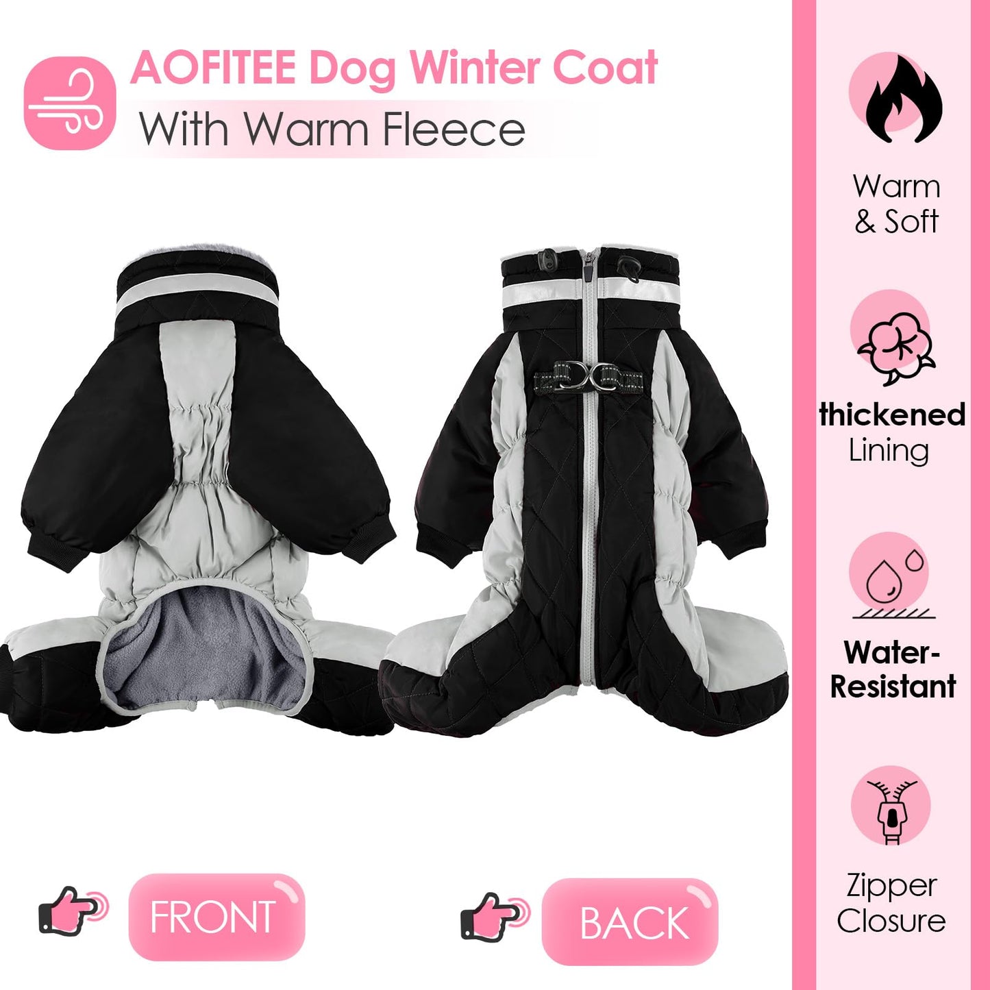 AOFITEE Large Dog Coat Winter Jacket with Built-in Harness | Reflective Puffer Snowsuit for Small to Large Dogs