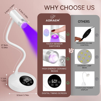 AORAEM UV LED Nail Lamp – Rechargeable Gooseneck 12W Quick Cure with 4 Timers & Auto Sensor