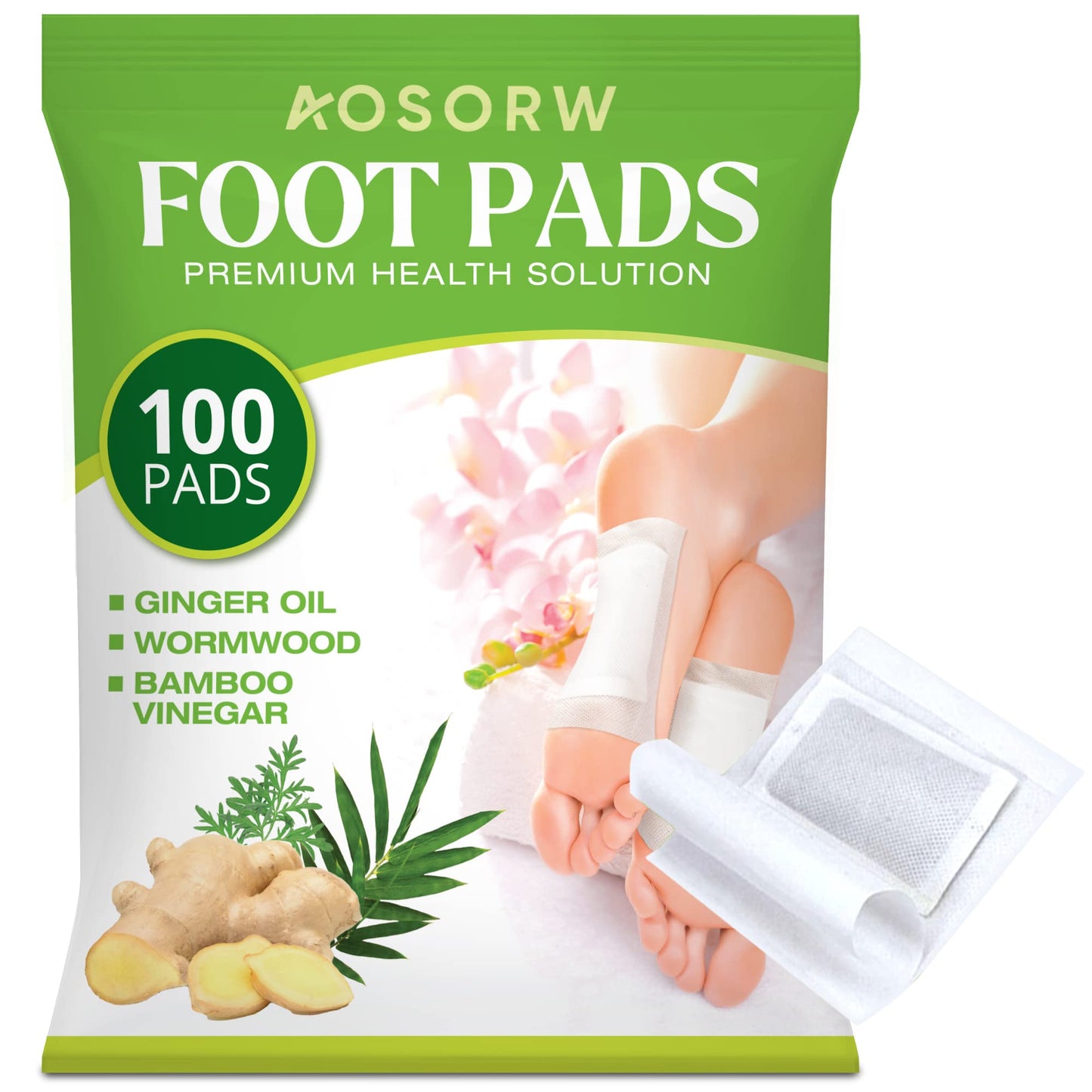 AOSORW Natural Herbal Foot Pads Ginger Oil and Bamboo Charcoal 100 Pads Pack - Overnight Foot Care