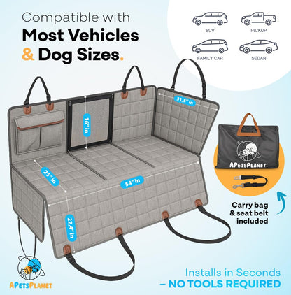 APetsPlanet Dog Car Seat Cover – Waterproof Backseat Hammock with Mesh Window, Storage & Door Covers