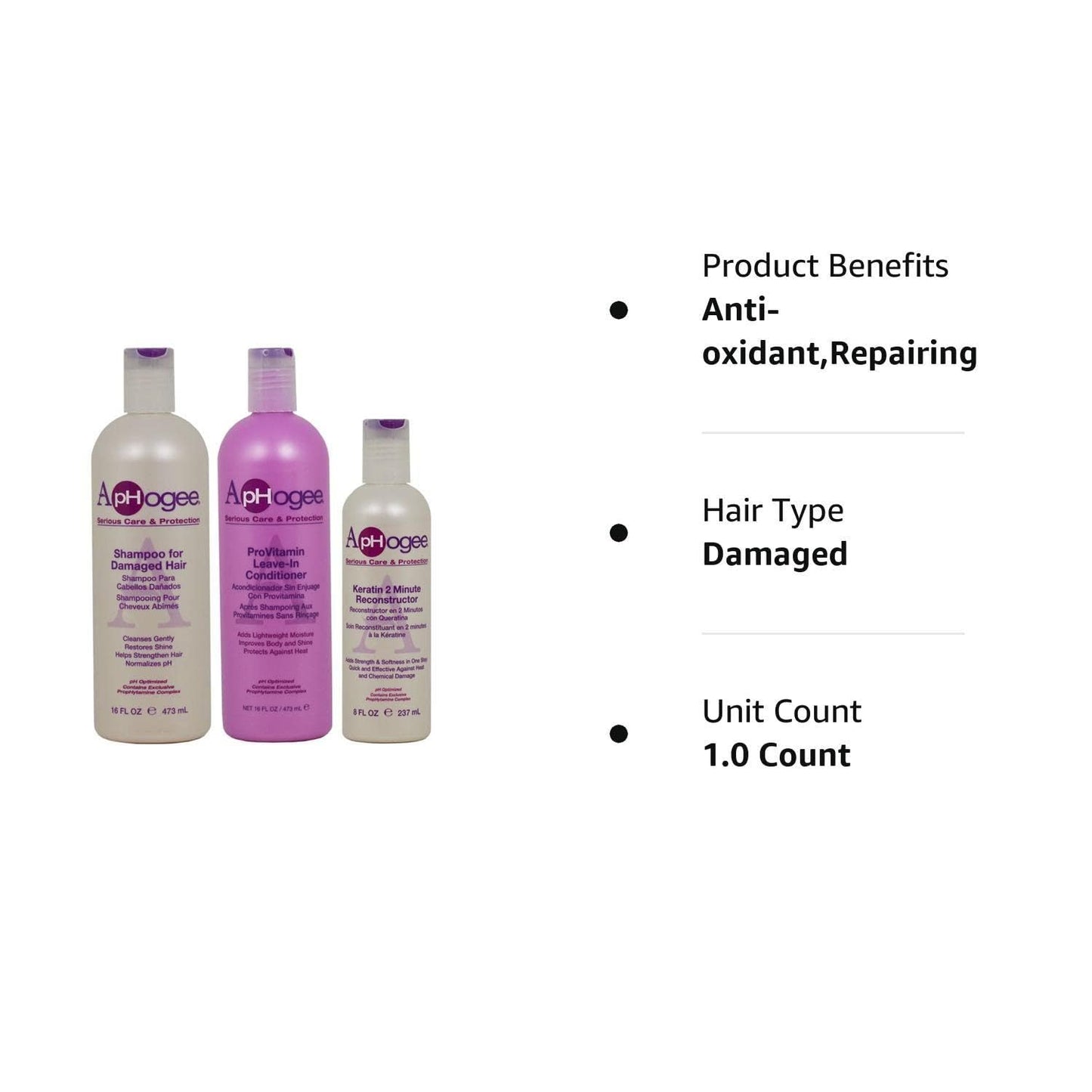 ApHogee Hair Repair Set: Damaged Hair Shampoo, ProVitamin Leave-In Conditioner, Keratin 2 Minute Reconstructor (16oz, 16oz, 8oz)