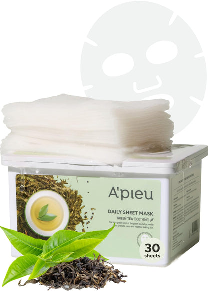 A'PIEU Daily Sheet Mask (Green Tea) – 30-Day Moisturizing Lyocell Mask for All Skin Types