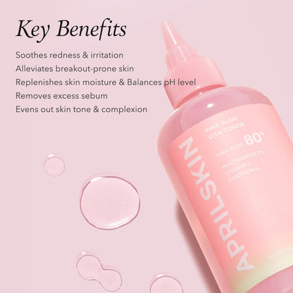 APRILSKIN Pink Aloe Vita Toner — Hydrating, Non-Sticky Calming Toner with 80% Pink Aloe Vera Water (8.45 fl oz)