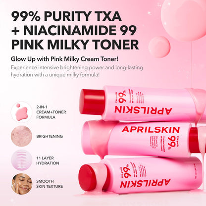 APRILSKIN TXA+Niacinamide 99 Pink Milky Toner – 99% TXA + Niacinamide 5% for Brightening, Deep Hydration | 5.07 fl oz