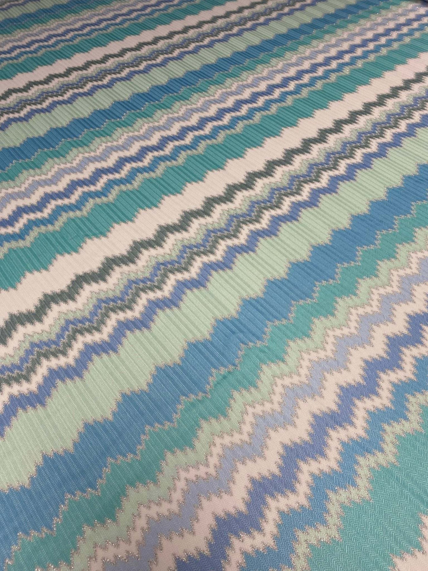 Aqua Blue and Mint Green Zigzag Pattern Woven Fabric by the Metre