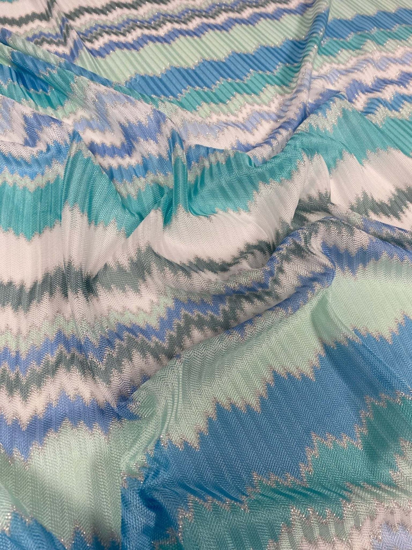 Aqua Blue and Mint Green Zigzag Pattern Woven Fabric by the Metre