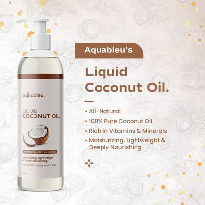 Aquableu Fractionated Liquid Coconut Oil – 100% Pure, Lightweight Hydration for Skin & Hair (12 oz)