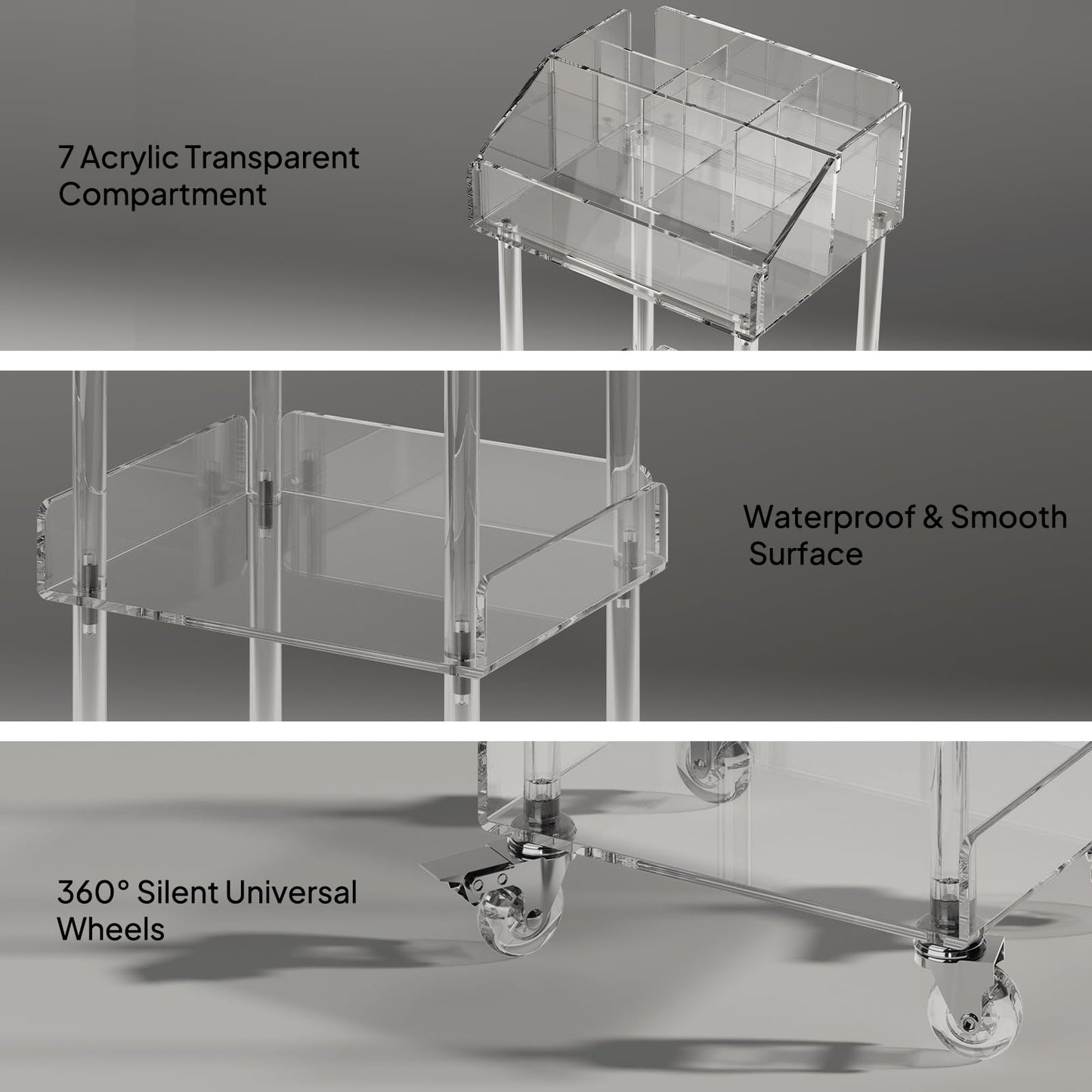 Aquiver Acrylic Makeup Cart - 3-Tier Rolling Vanity Organizer in Clear