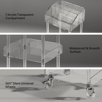 Aquiver Acrylic Makeup Cart - 3-Tier Rolling Vanity Organizer in Clear