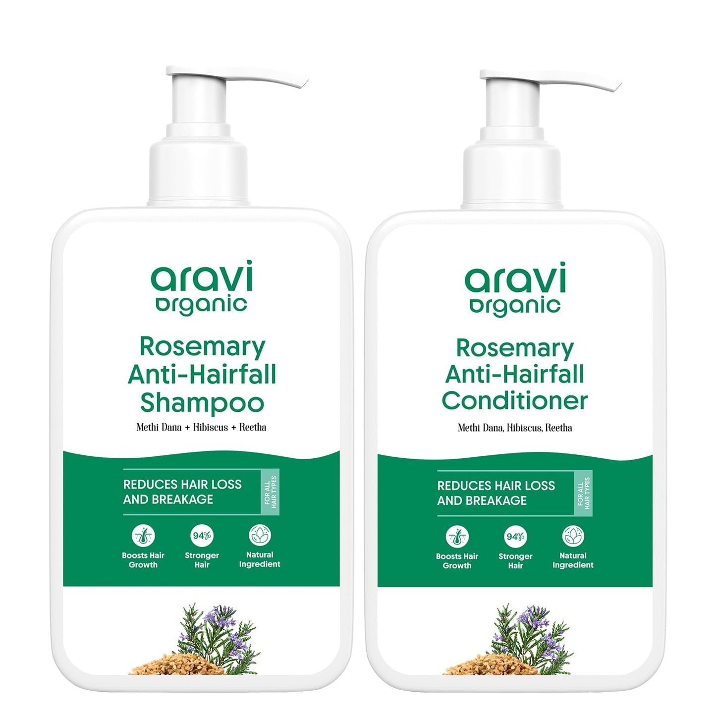 Aravi Organic Rosemary Anti Hairfall & Hair Growth Shampoo & Conditioner Combo | Sulphate-Free | For Dry & Frizzy Hair | 200ml Each