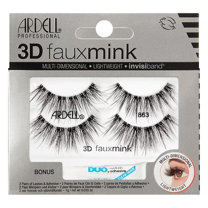 Ardell 3D Faux Mink Lashes 863 with Duo Adhesive Pipette – Long-Lasting Natural Look, 1 Pack