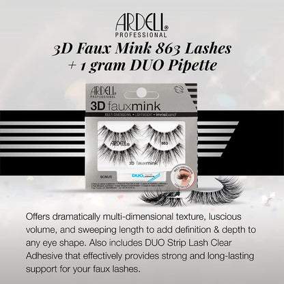 Ardell 3D Faux Mink Lashes 863 with Duo Adhesive Pipette – Long-Lasting Natural Look, 1 Pack