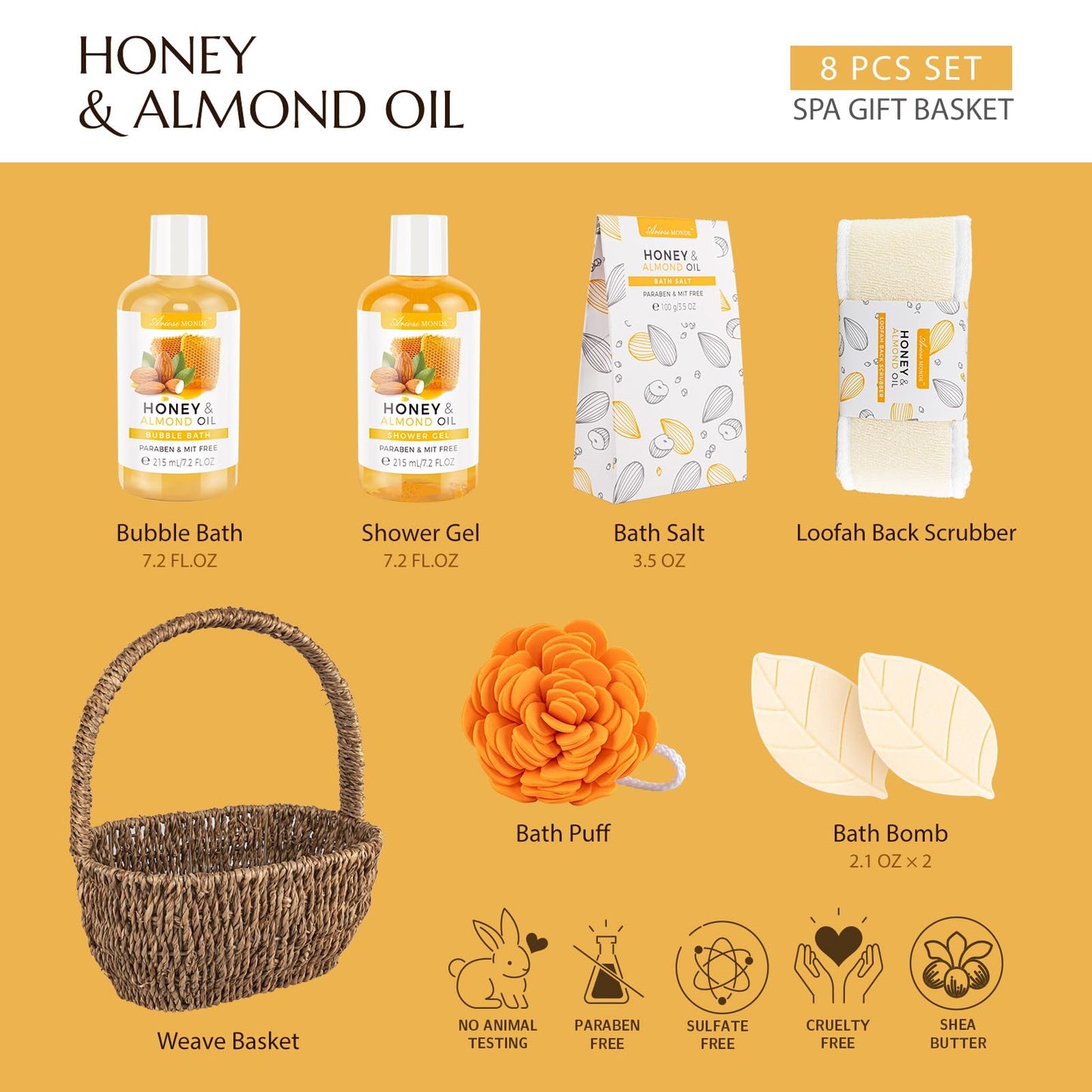 ArioseMonde Bath Spa Gift Basket – 8pc Honey & Almond Set
