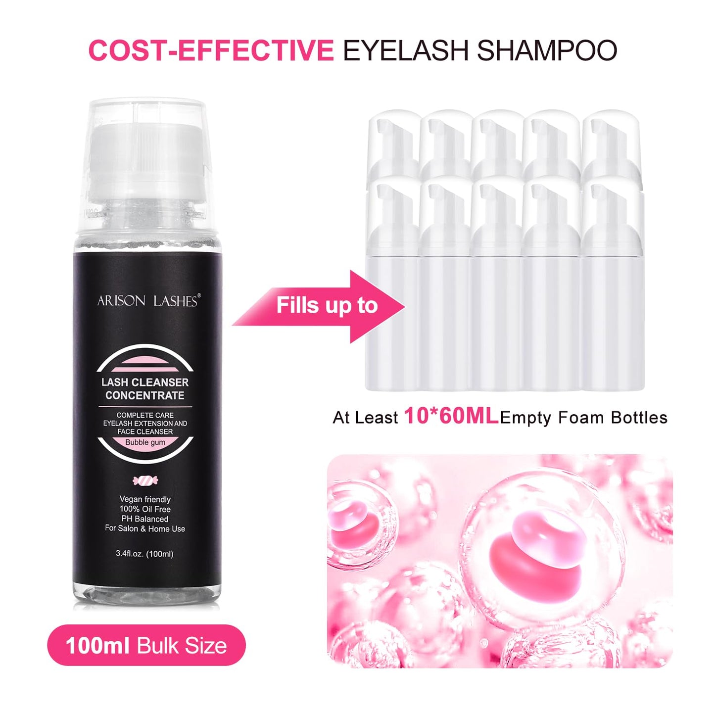 ARISON LASHES Eyelash Cleanser Concentrate 100ml – Gentle Foaming Lash Extensions Shampoo for Salon-Home Care (Bubble Gum)