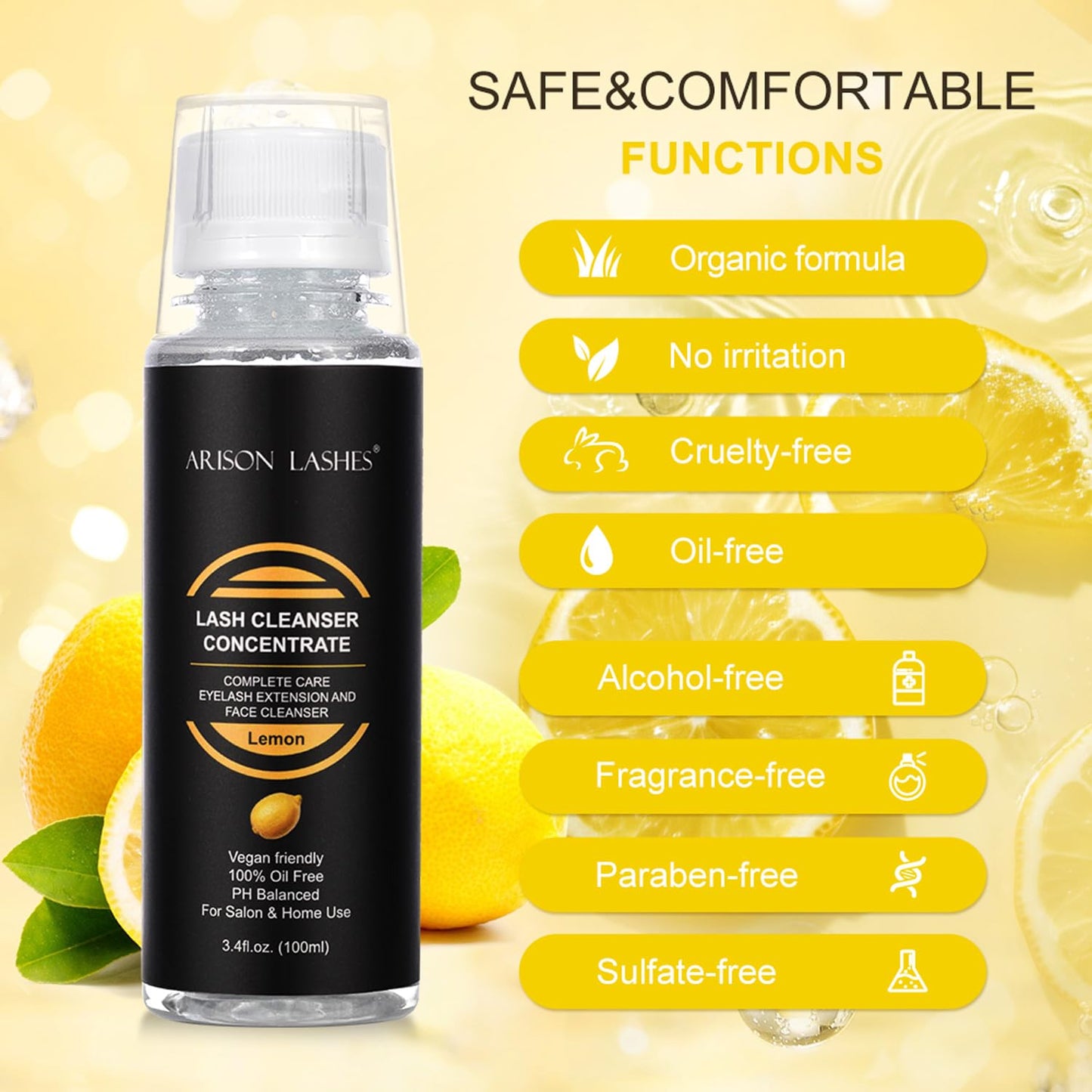 ARISON LASHES Eyelash Cleanser Concentrate 100ml – Natural Foaming Lash Shampoo (Lemon)