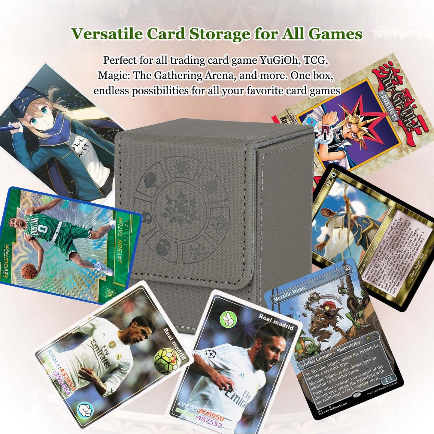 Arkeiliy MTG Deck Box — Leather 110+ Card Storage with 50 Sleeves (Grey)