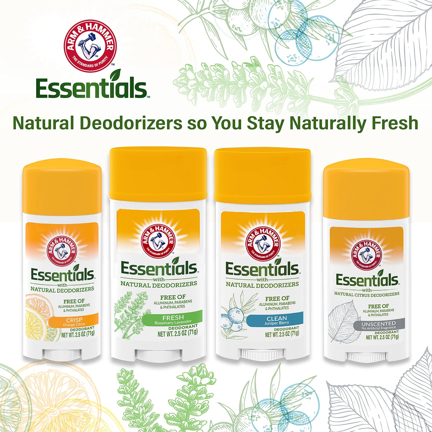 Arm & Hammer Essentials Unscented Deodorant – Aluminum-Free, 2.5 oz (73 ml) 3 Pack