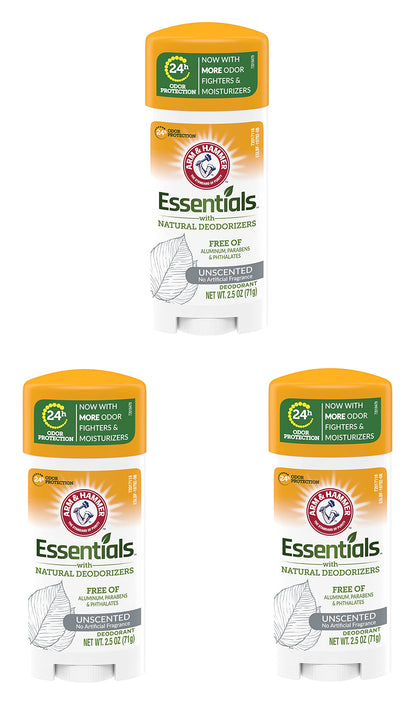 Arm & Hammer Essentials Unscented Deodorant – Aluminum-Free, 2.5 oz (73 ml) 3 Pack