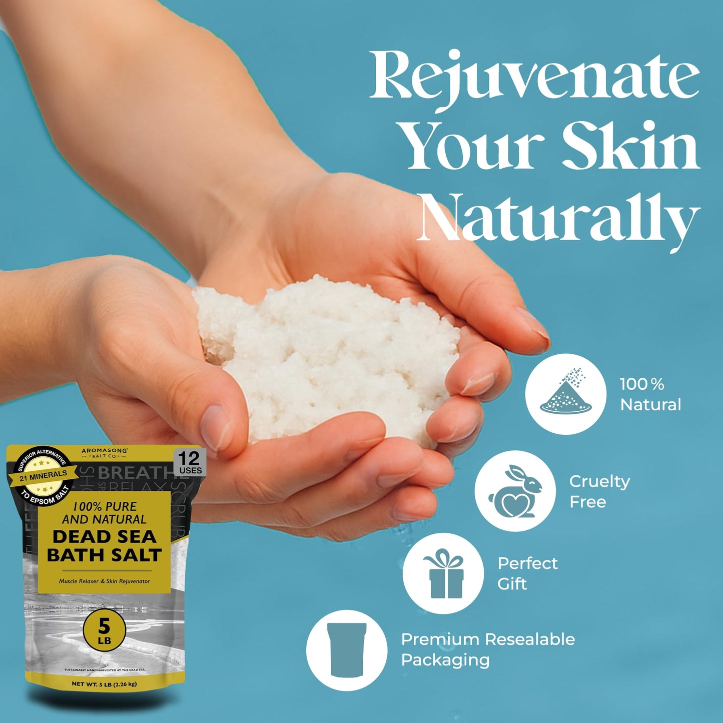 Aromasong Dead Sea Bath Salt – 100% Pure & Natural Minerals for Soaking, 5 lb Bulk Resealable Pack