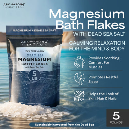 Aromasong Raw Magnesium Flakes for Bath + Dead Sea Salt – 5 lb Resealable Pack