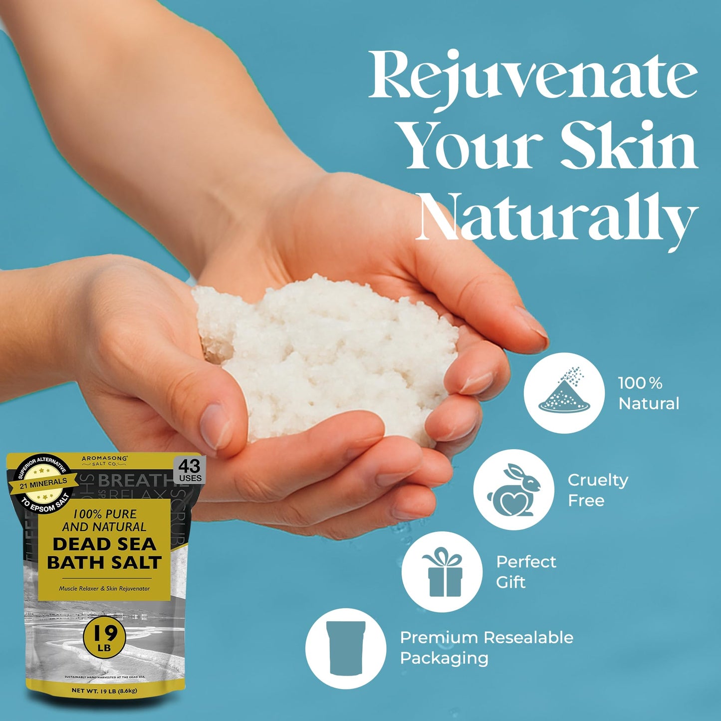 Aromasong Dead Sea Bath Salt – Coarse Grain, 19 Lbs, Resealable Bulk Pack