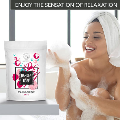 AROMATIKA Foaming Bath Sea Salt Rose – 35 oz / 1000 g | Bubble Bath with Almond & Rosewood Essential Oils + Rosa Damascena Flower Extract