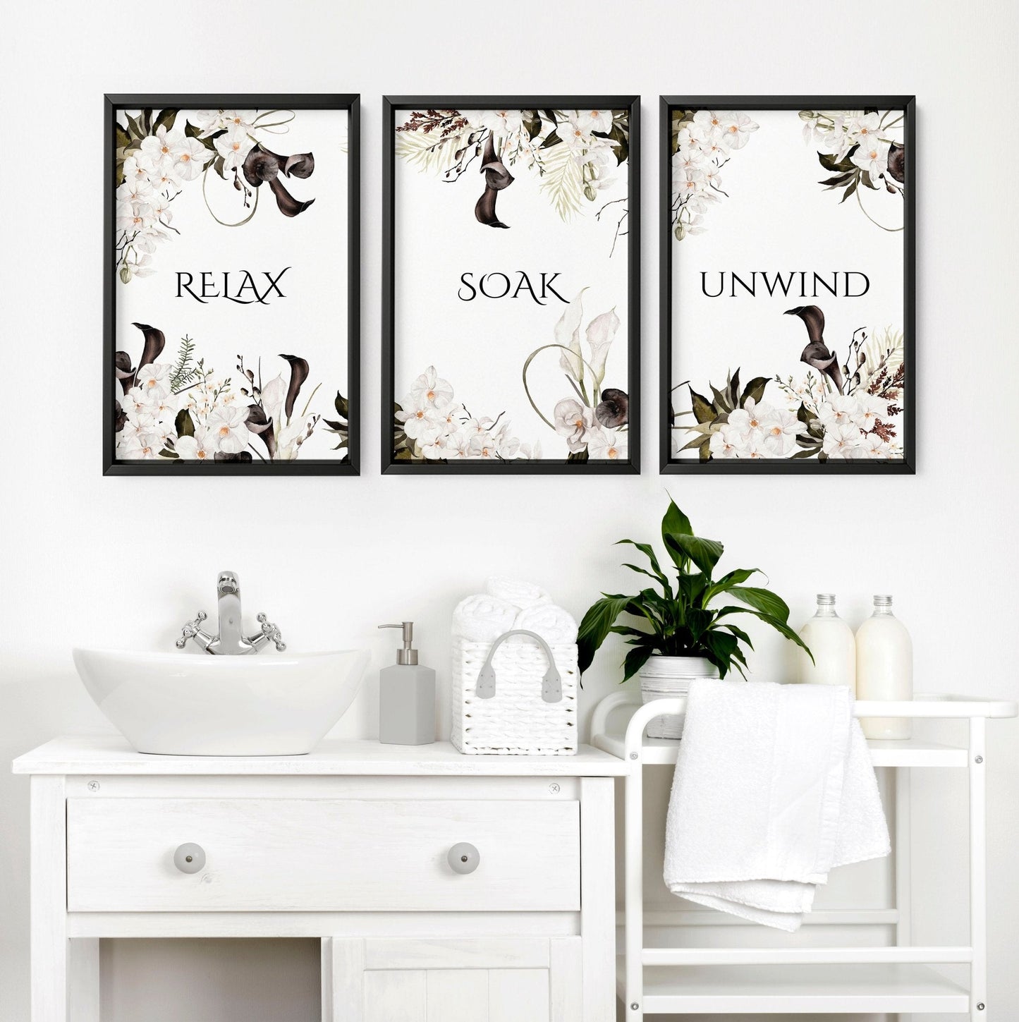 Bathroom Wall Art Black & White Set of 3 Prints