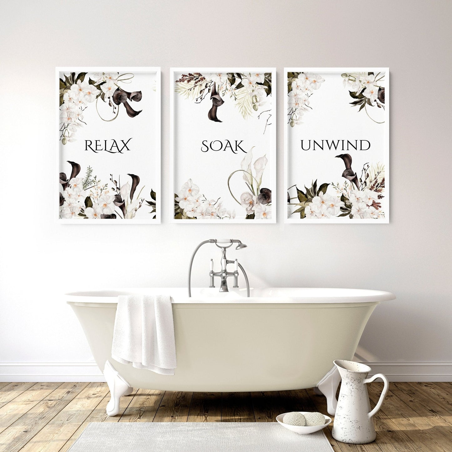 Bathroom Wall Art Black & White Set of 3 Prints