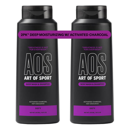 Art of Sport Men's 2-in-1 Body Wash & Shampoo with Activated Charcoal – Defy Scent, Sandalwood | 16 fl oz (Pack of 2)
