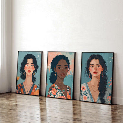 Artwork For Living Room Walls | Set of 3 Boho Women Wall art Prints