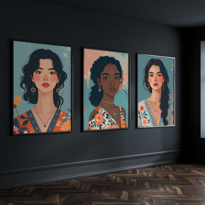Artwork For Living Room Walls | Set of 3 Boho Women Wall art Prints