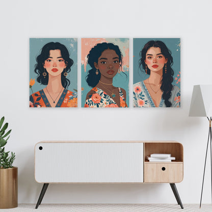Artwork For Living Room Walls | Set of 3 Boho Women Wall art Prints