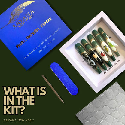 ARYANA NEW YORK Press On Nails Coffin 10pc Set – Handmade, Reusable, Luxury Long Nails | Beetles Collection