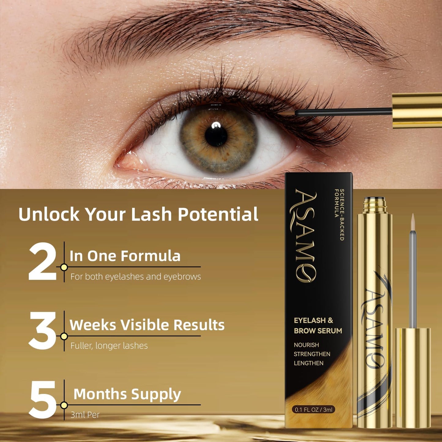 ASAMO Eyelash & Eyebrow Growth Serum – 15 Plant Extracts, Oil-Free, Hypoallergenic