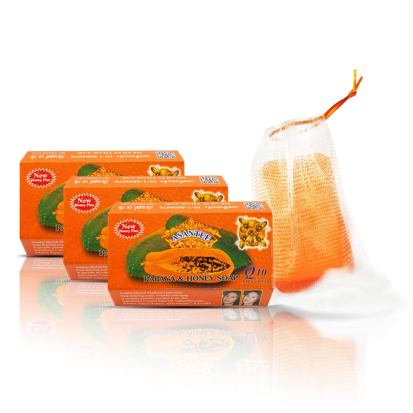 ASANTEE Papaya & Honey Soap Bars – Vitamin C, E & Q10, 3-Pack (4.4 oz each)