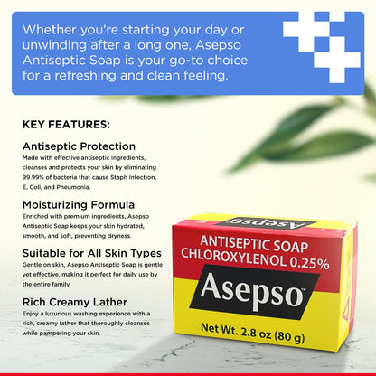 Asepso Antibacterial Original Bar Soap – 4 Pack 80g Each | Gentle Cleansing with Hydration and Classic Scent
