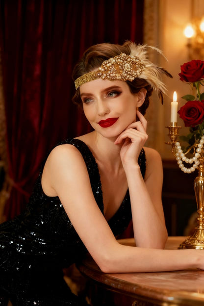 Asooll 1920s Feather Headband – Gold Crystal Flapper Headpiece for Women | Vintage Prom Accessory