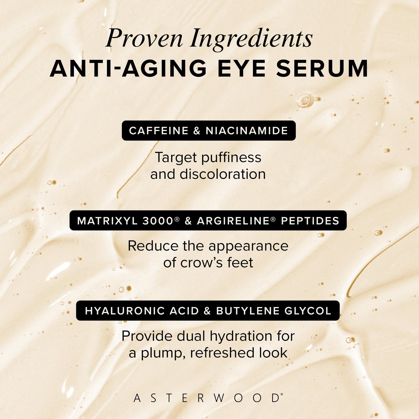 Asterwood Hyaluronic Acid Eye Serum with Matrixyl 3000, Niacinamide & Caffeine – Reduces Undereye Bags, Dark Circles & Fine Lines