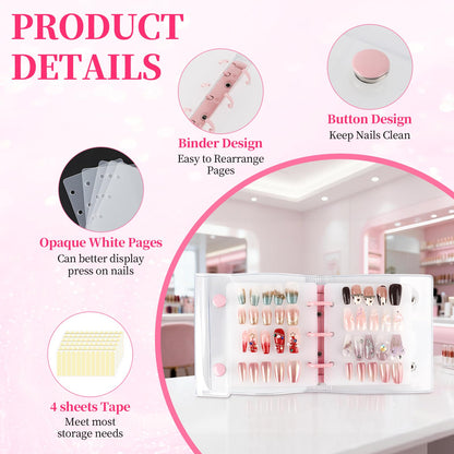 ASTONFOG Press On Nail Organizer – 2-Piece Nail Binder Book with 12 Inserts (A8), Pink & White