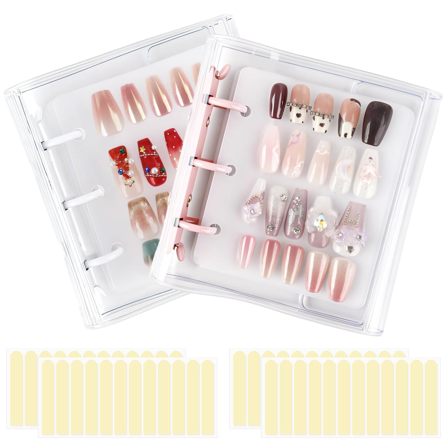 ASTONFOG Press On Nail Organizer – 2-Piece Nail Binder Book with 12 Inserts (A8), Pink & White