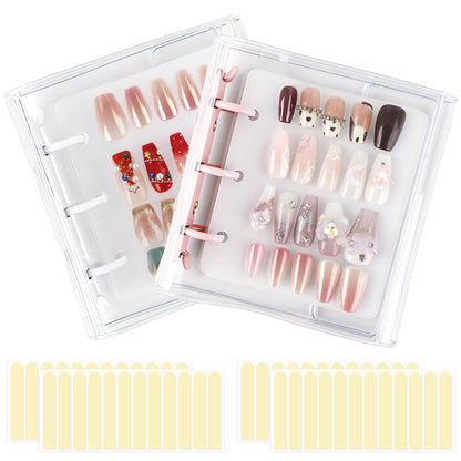 ASTONFOG Press On Nail Organizer – 2-Piece Nail Binder Book with 12 Inserts (A8), Pink & White