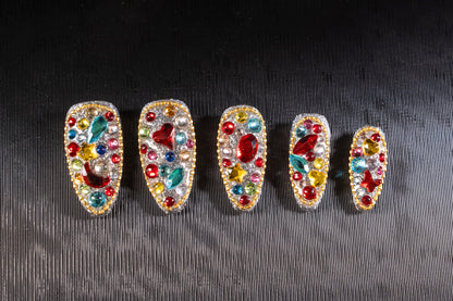 Atuhua 24Pcs Handmade Press-On Nails with Bling Rhinestones – Almond Medium Length, Colorful Design