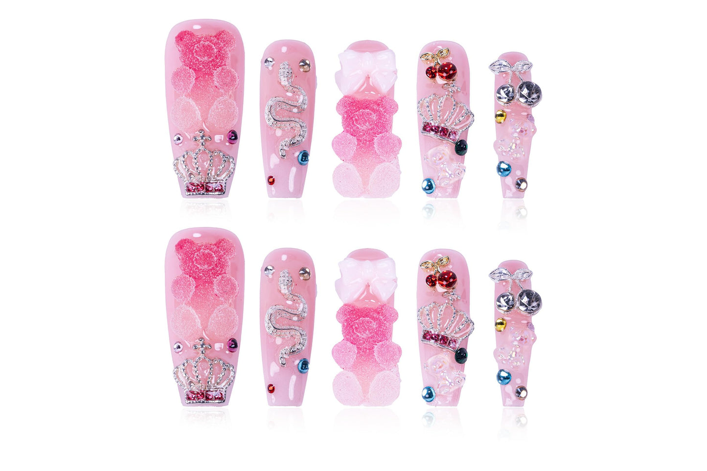 Atuhua 24Pcs Handmade Press-On Nails – 3D Pink Long Length Square Nails with Crystals