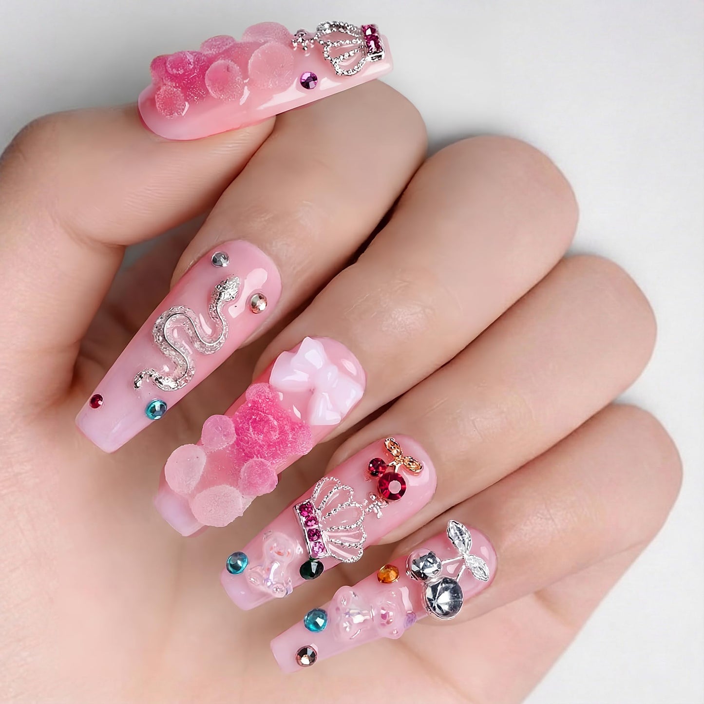 Atuhua 24Pcs Handmade Press-On Nails – 3D Pink Long Length Square Nails with Crystals